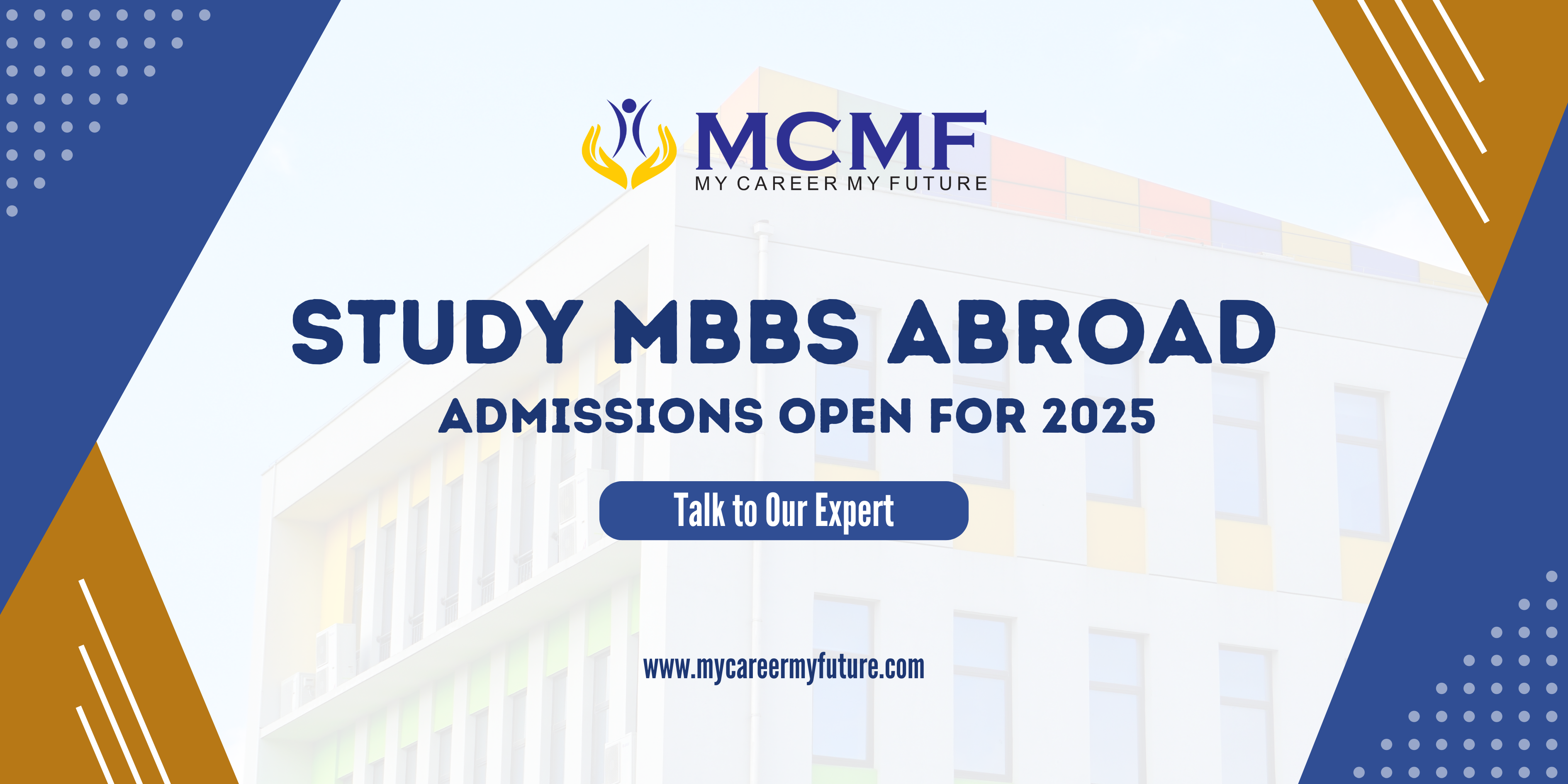 MCMF - Expert Overseas Education Consultancy: Office setting with professional consultants offering university selection guidance, document preparation, visa support, and interview preparation. Contact information for MCMF, including phone and email, with a call-to-action button for booking a consultation.
